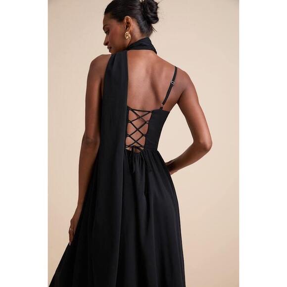 Lulus Irresistibly Darling Black Chiffon Midi Dress And Scarf Set - Size M - Picture 1 of 3